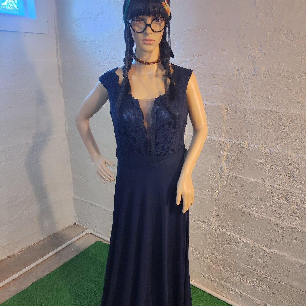 NWT Baby Online Dress Sleeveless w/ Lace Navy Blue Zipper Back Long Gown Size M